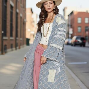 POL Premium Womens Small Blue Denim Long Duster Lace Patchwork Boho Oversized